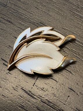 Trifari White Enamel and Gold-Tone Leaf Brooch